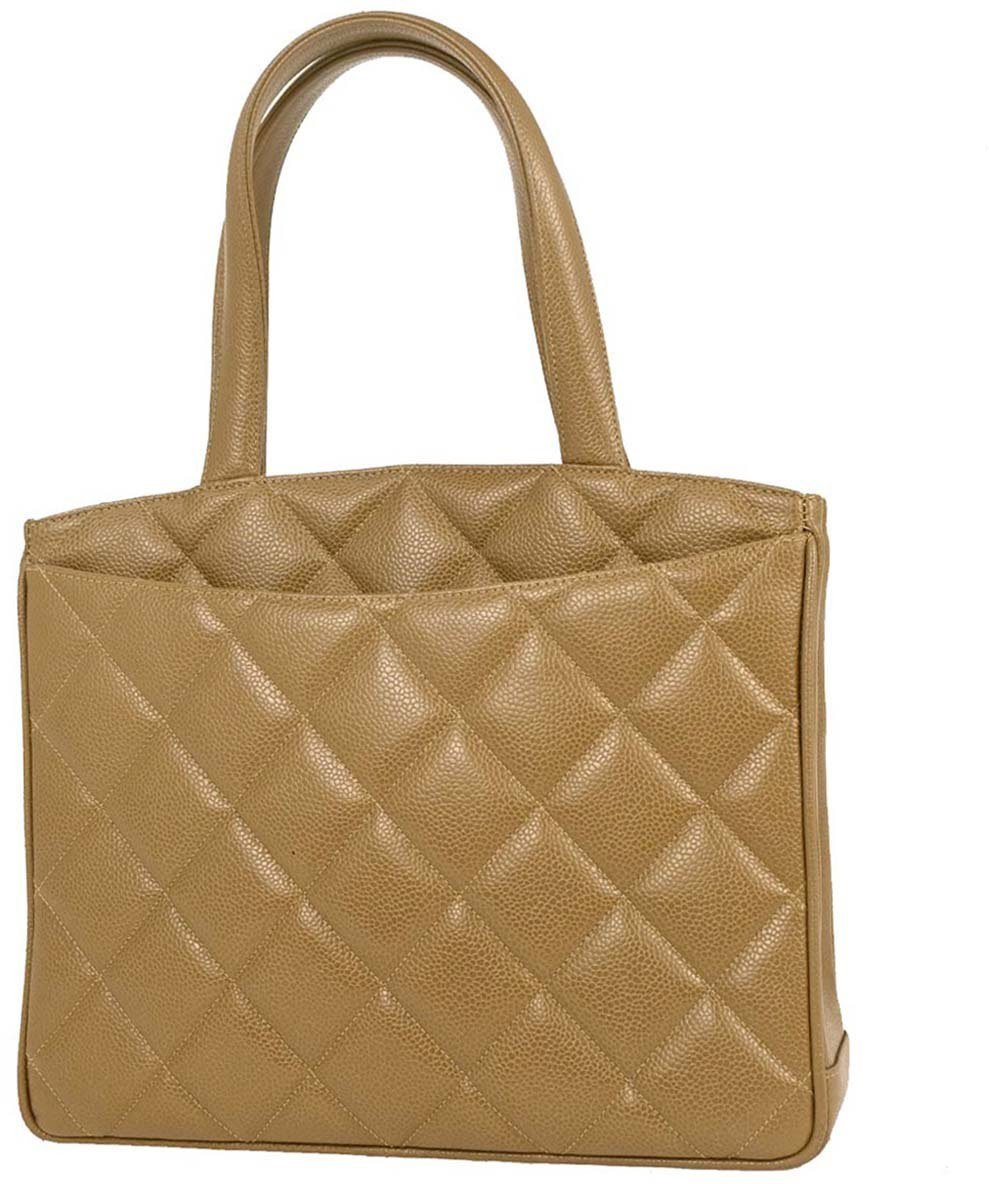 Chanel Chanel Vintage CC Lock Pocket Tote Quilted Caviar Small Beige