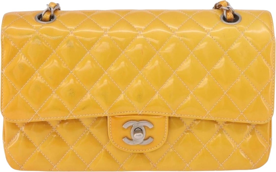 Chanel Timeless - Classic Double Flap Quilted Patent Small Geel