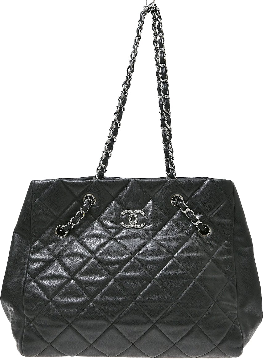 Chanel CC Charm Chain Shopping Tote caviar skin leather Zwart