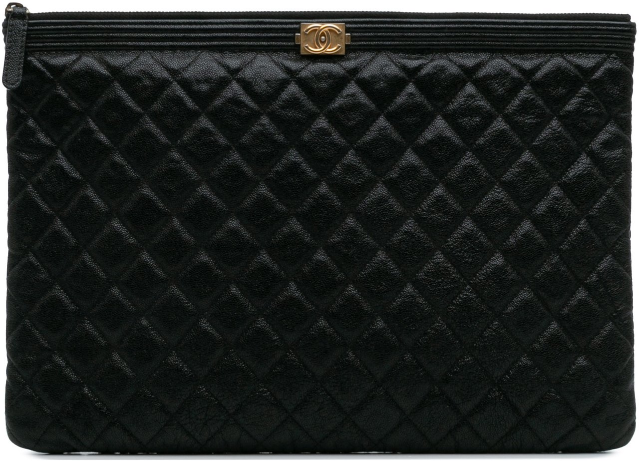 Chanel Large Lambskin Boy O Case Clutch Zwart