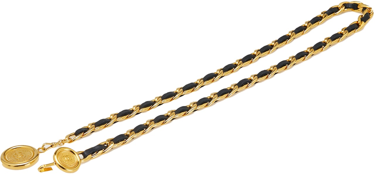 Chanel Gold Plated Medallion Leather Woven Chain Belt Goud