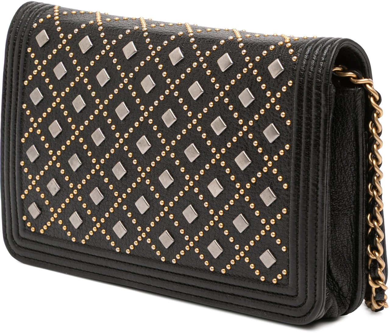 Chanel Studded Grained Calfskin Boy Wallet On Chain Zwart