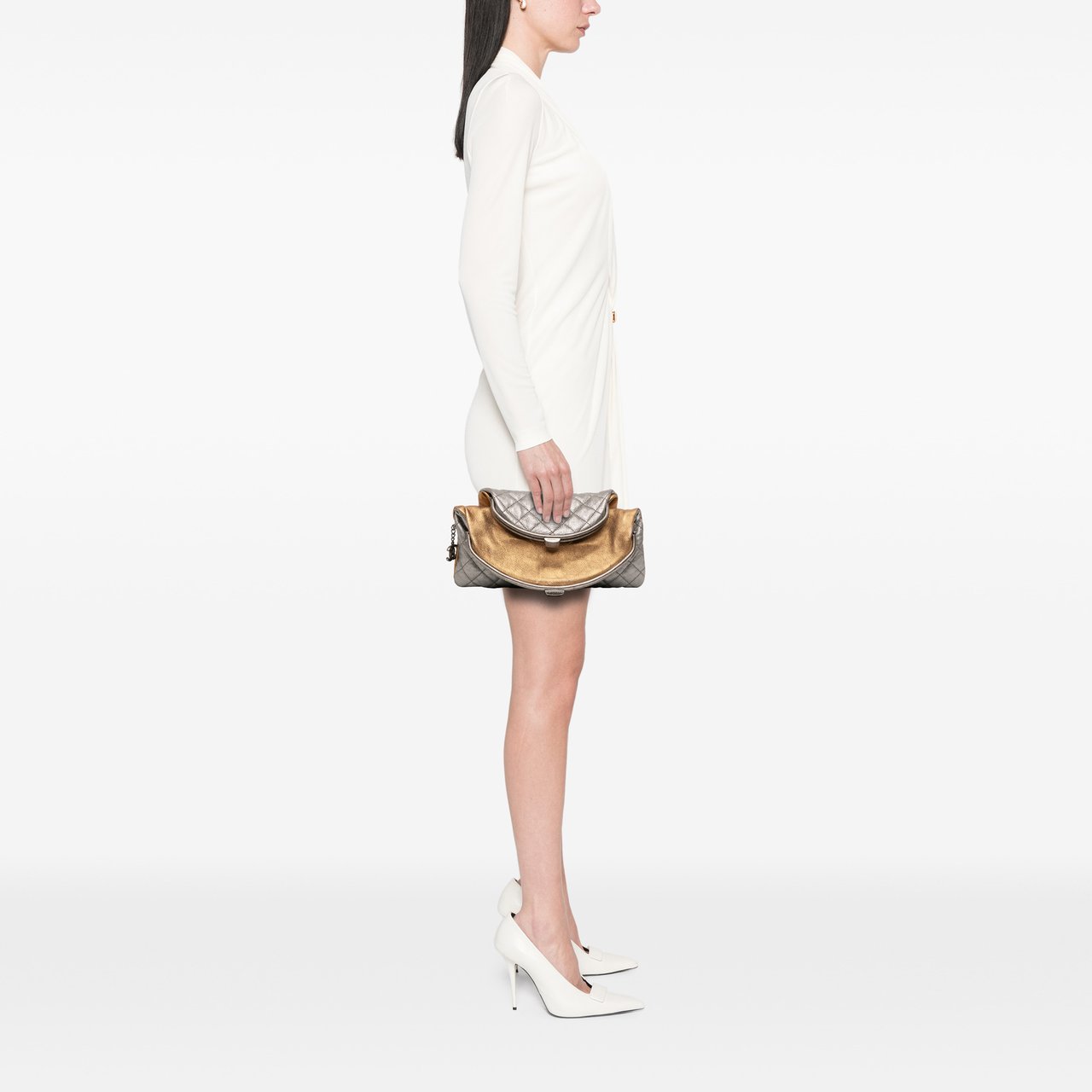 Chanel Quilted Metallic Goatskin Tabatiere Kisslock Foldover Clutch Zilver