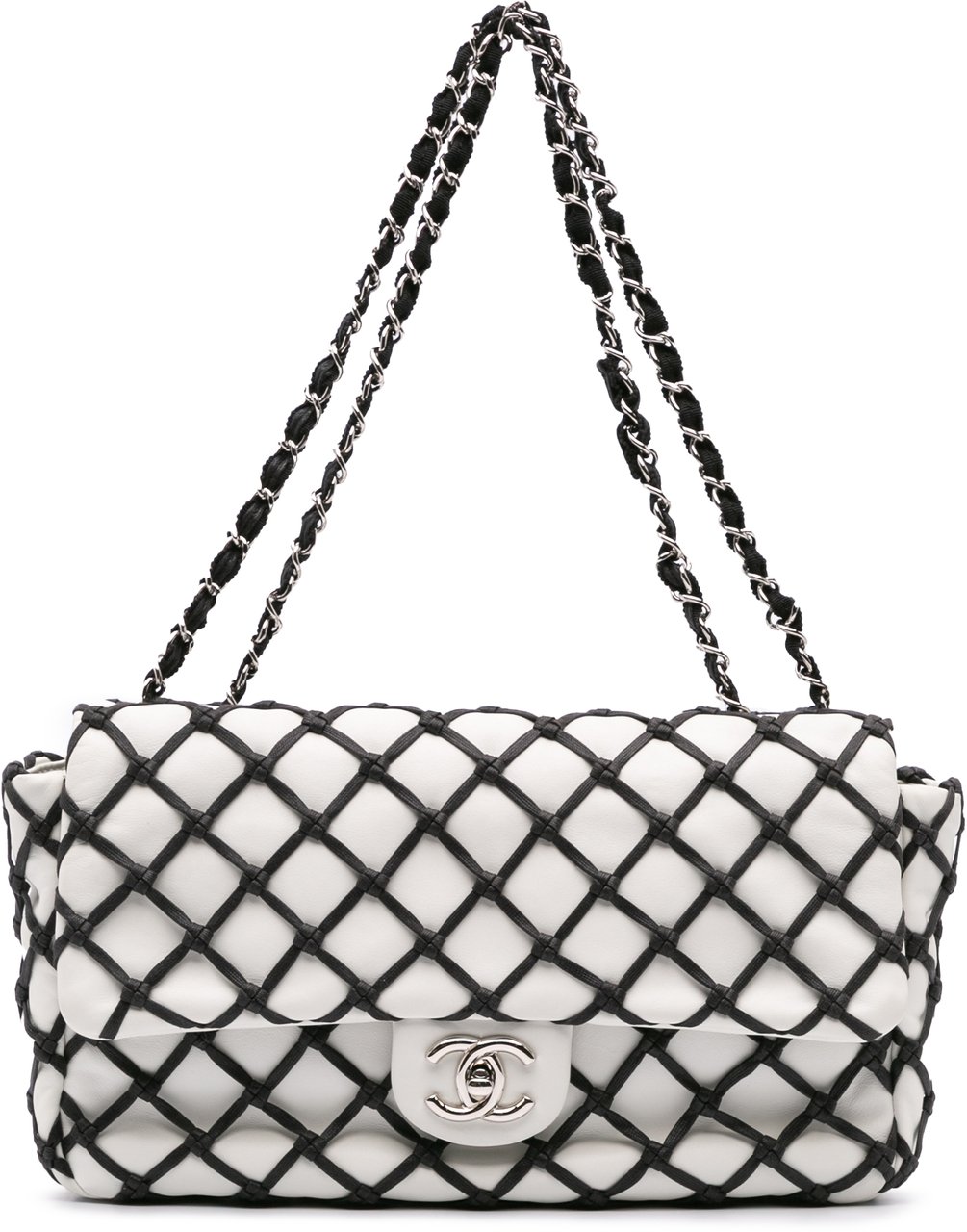Chanel Jumbo Calfskin Canebiers Net Flap Wit