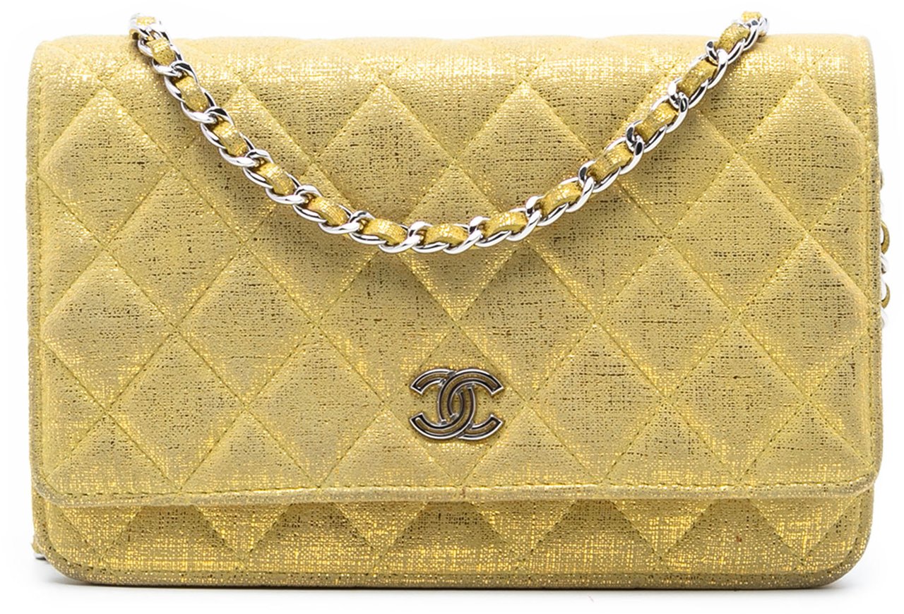 Chanel CC Quilted Metallic Fabric Wallet On Chain Geel
