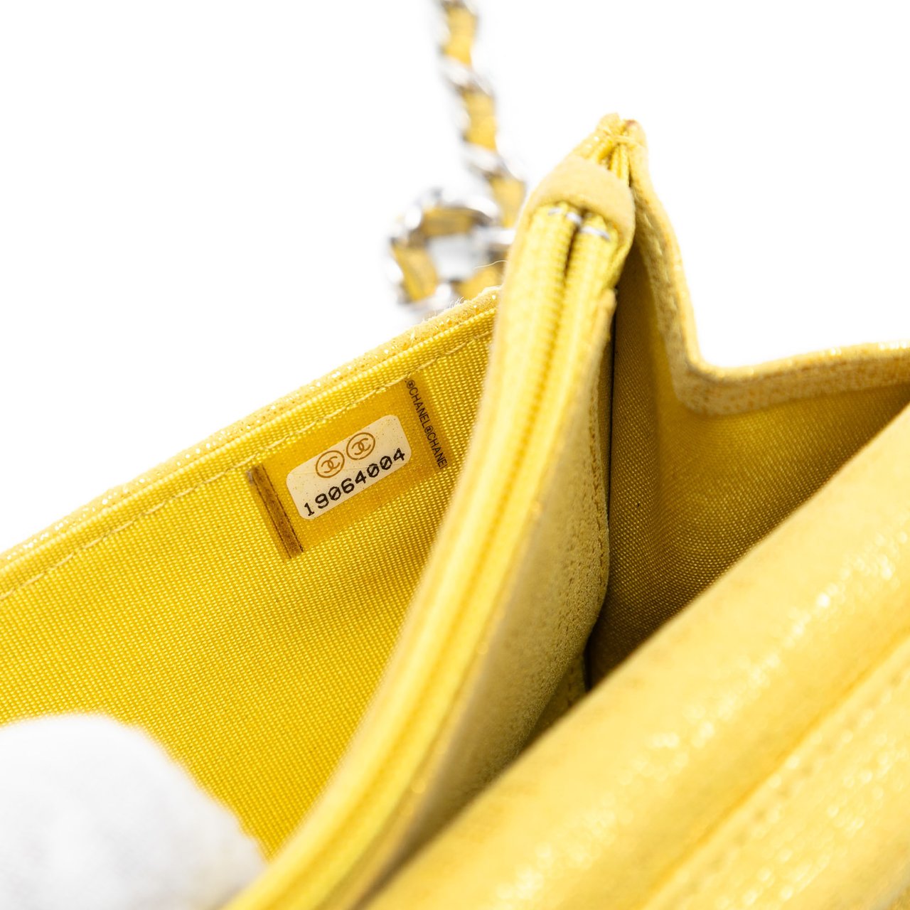 Chanel CC Quilted Metallic Fabric Wallet On Chain Geel