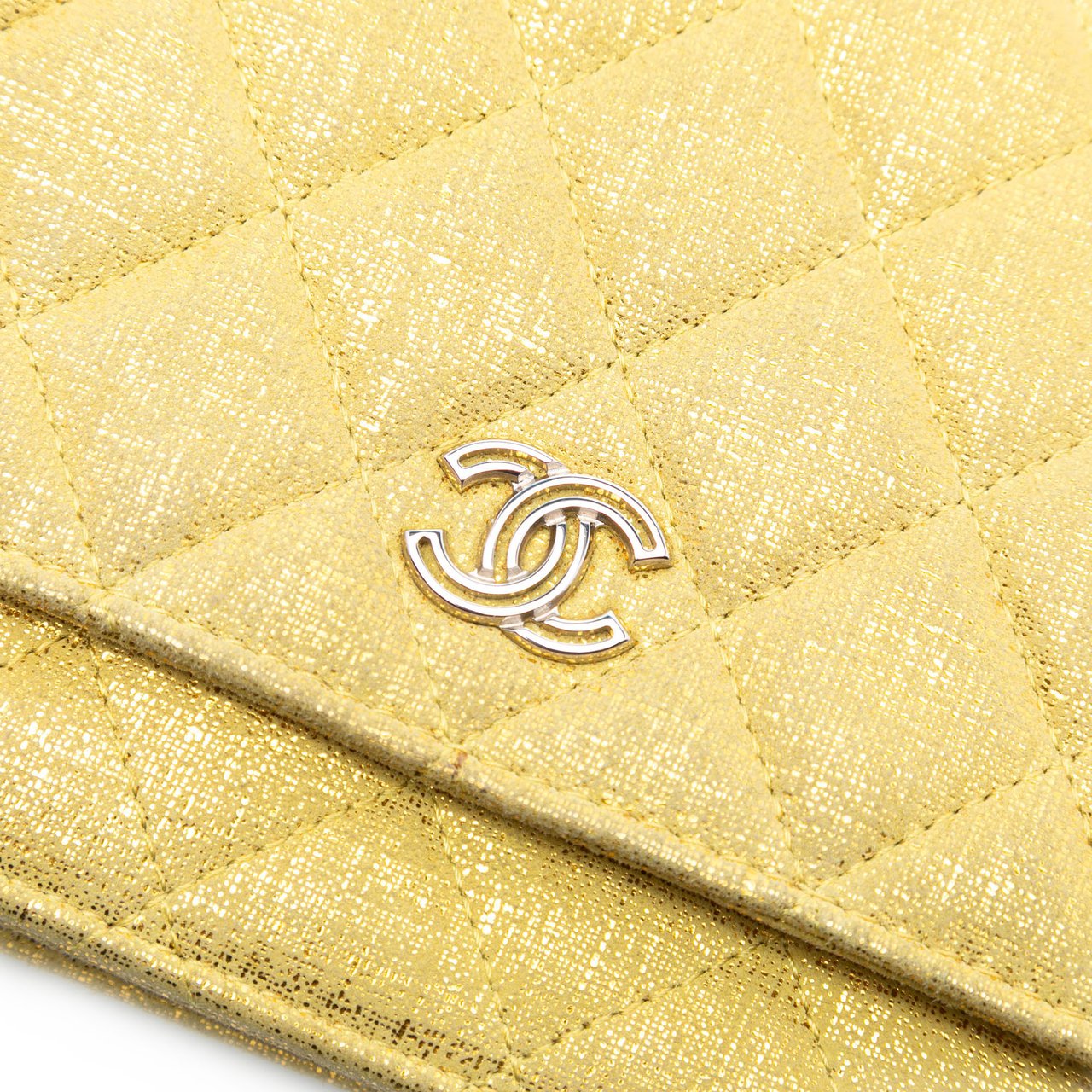 Chanel CC Quilted Metallic Fabric Wallet On Chain Geel