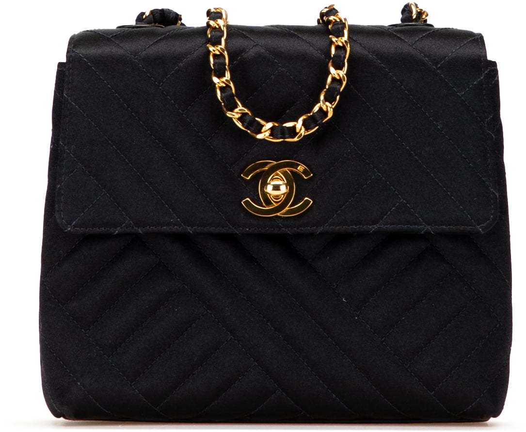 Chanel Mini Square Diagonal Quilted Satin Single Flap Zwart