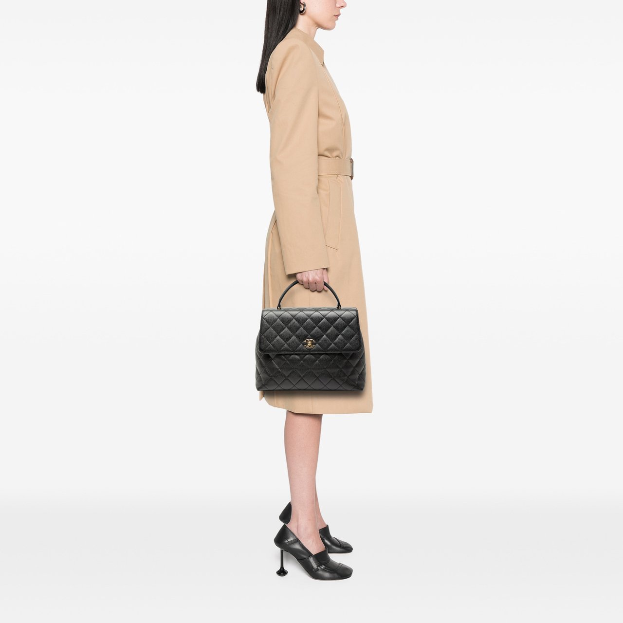 Chanel CC Quilted Caviar Kelly Top Handle Bag Zwart