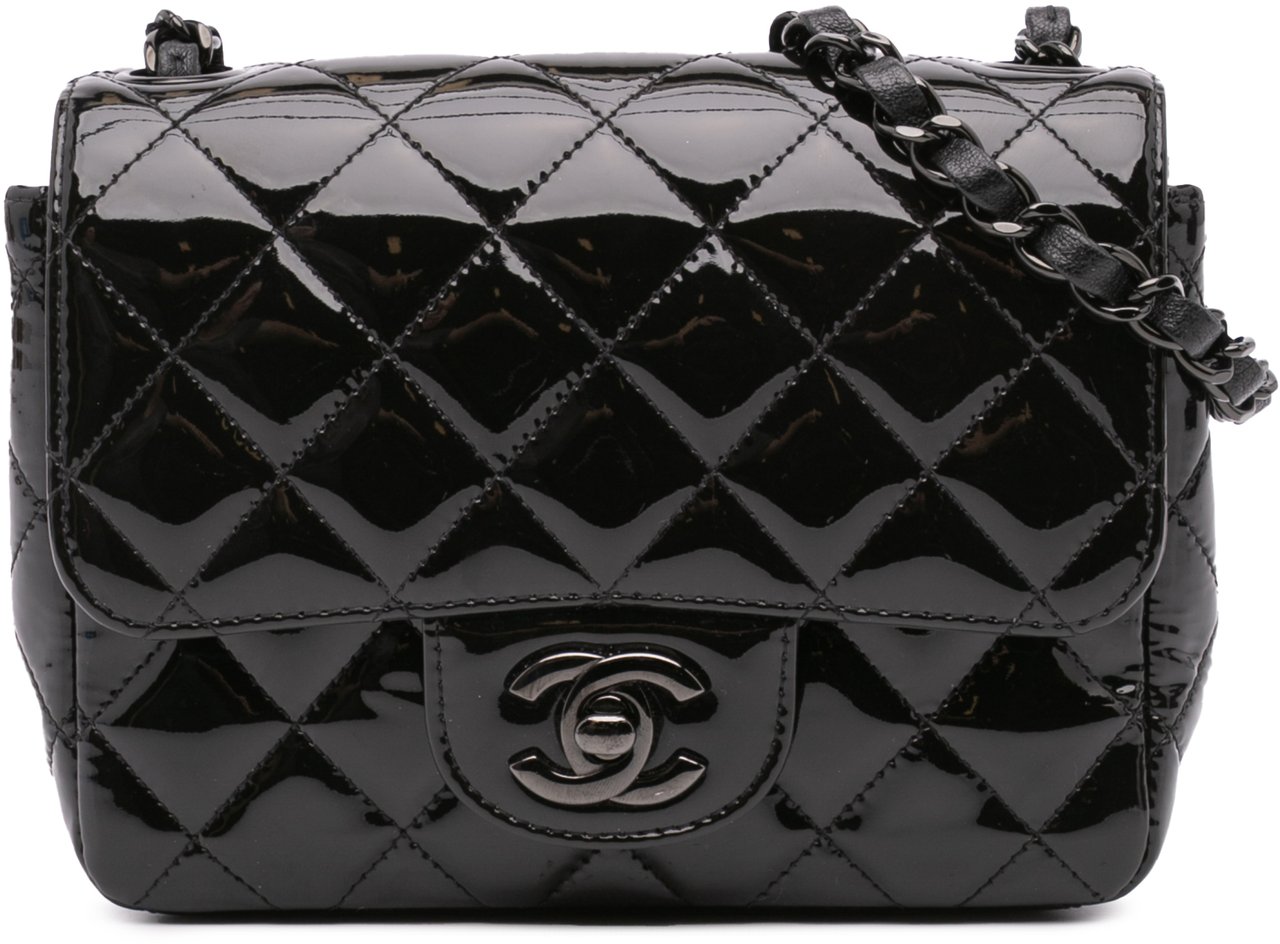 Chanel Mini Square Classic Patent So Black Single Flap Zwart