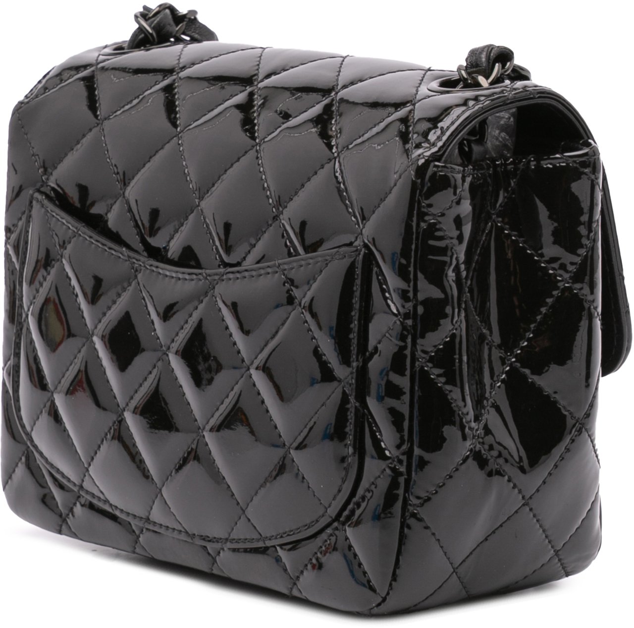 Chanel Mini Square Classic Patent So Black Single Flap Zwart
