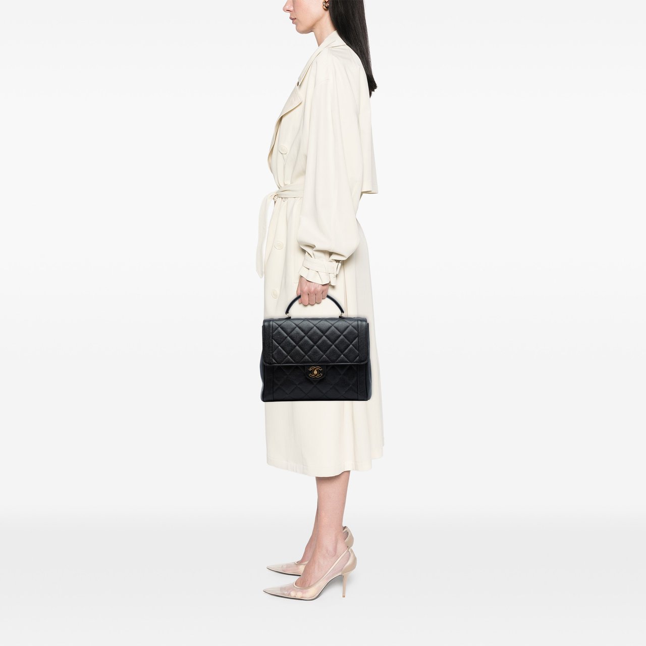 Chanel Jumbo CC Quilted Caviar Kelly Top Handle Bag Zwart