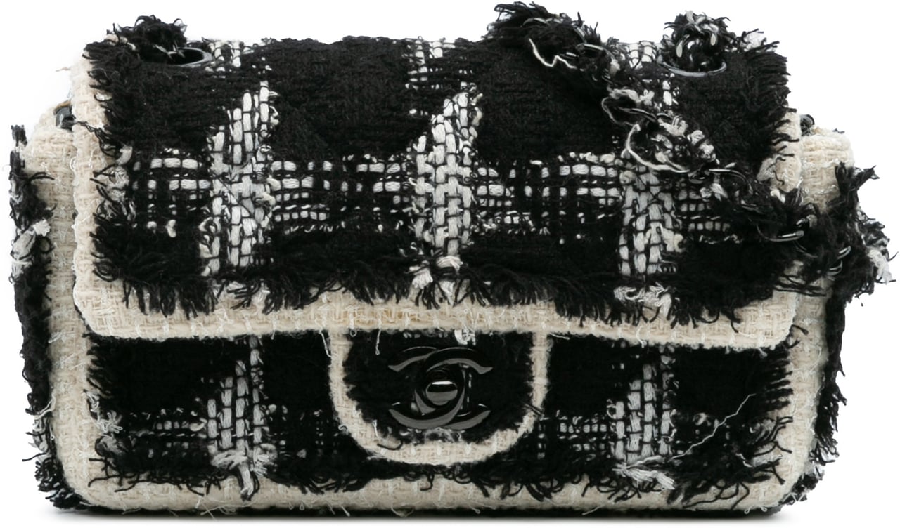 Chanel Mini Rectangular Classic Tweed Tartan Single Flap Zwart
