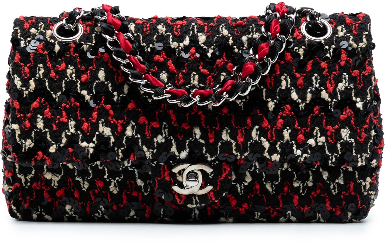 Chanel Medium Classic Tweed Sequins Double Flap Zwart