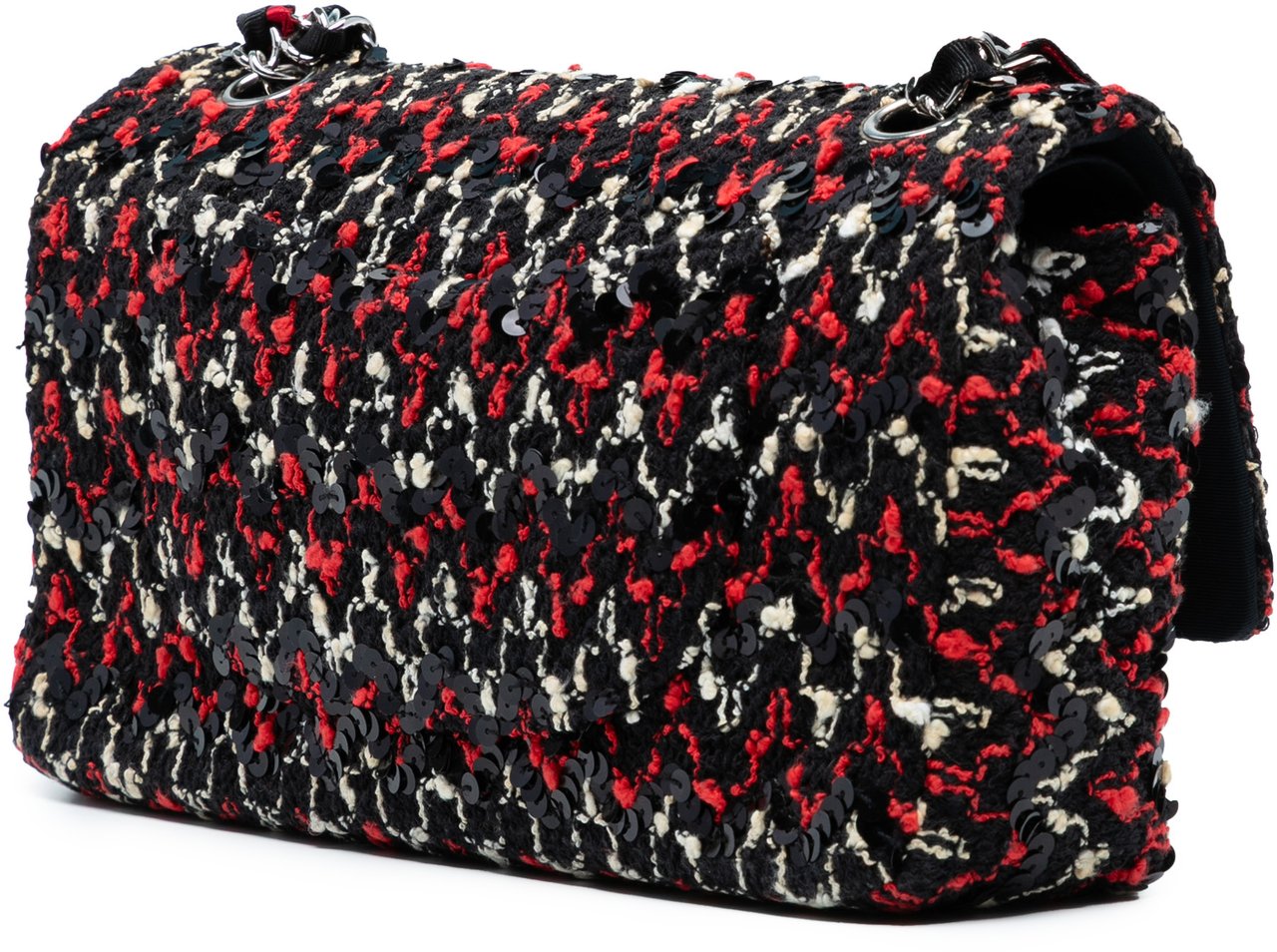 Chanel Medium Classic Tweed Sequins Double Flap Zwart
