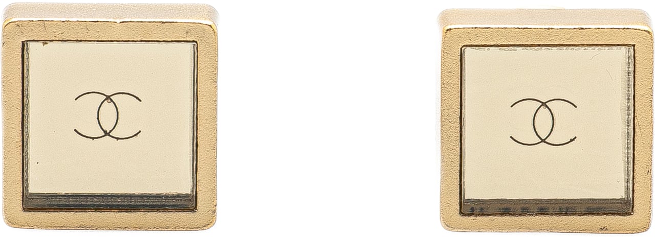 Chanel Gold Plated Square CC Mirror Push Back Earrings Goud