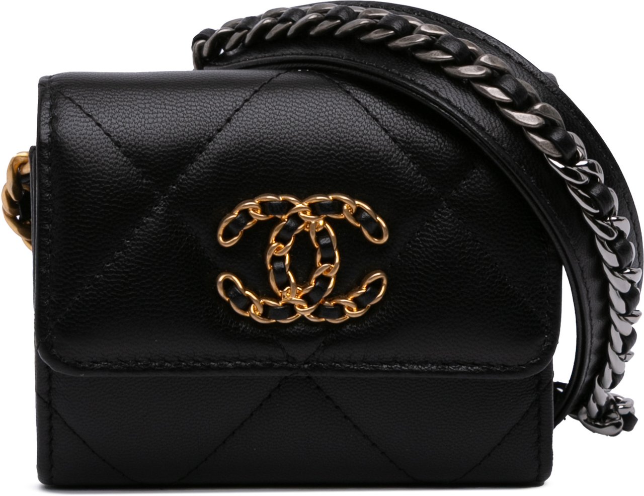 Chanel Lambskin 19 Flap Coin Purse With Chain Zwart