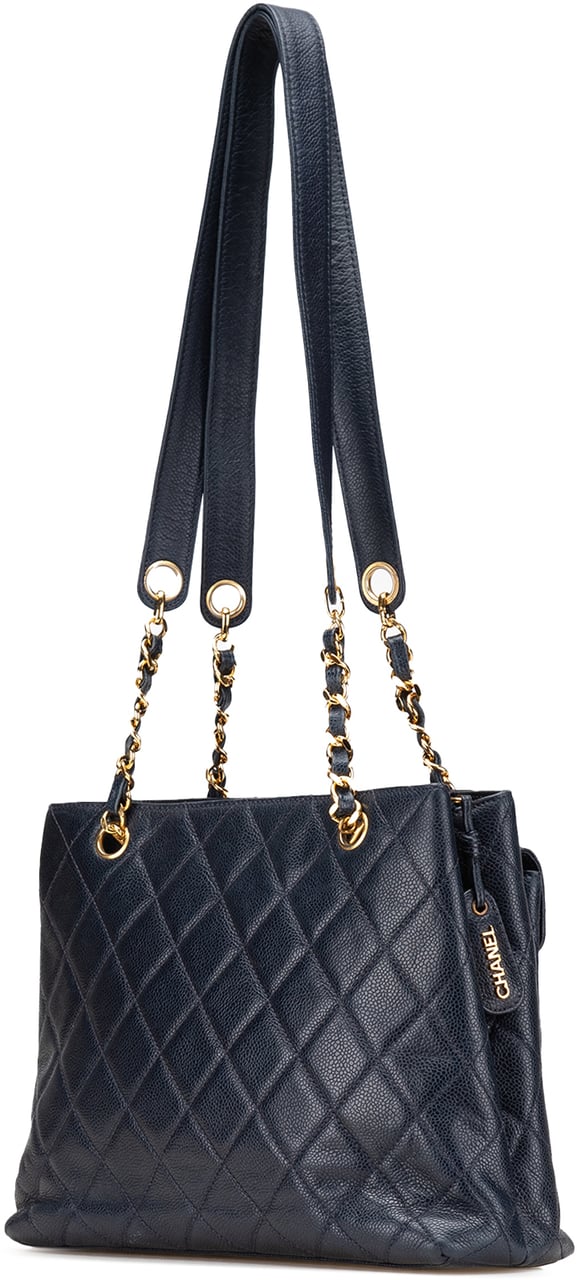 Chanel Quilted Caviar Front Pocket Chain Tote Blauw