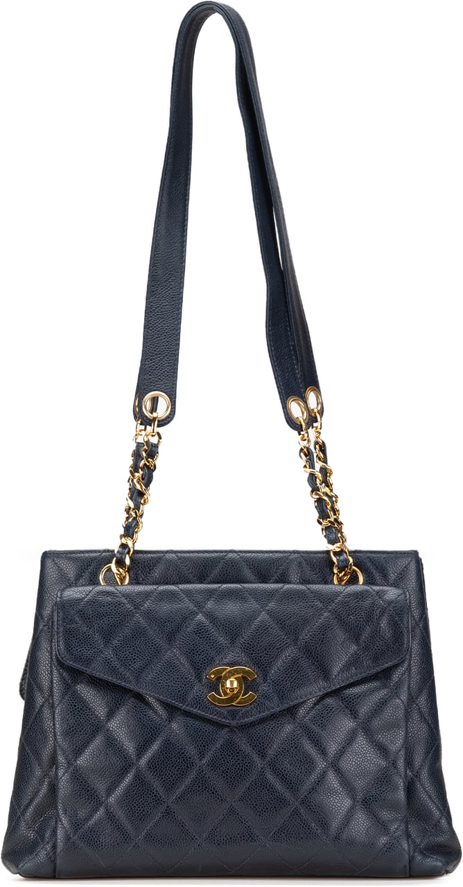 Chanel Quilted Caviar Front Pocket Chain Tote Blauw