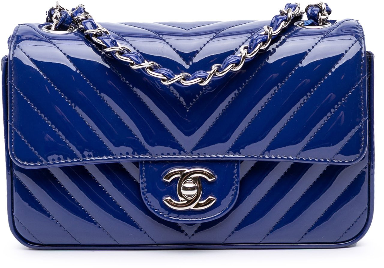 Chanel Mini Rectangular Classic Chevron Patent Single Flap Blauw