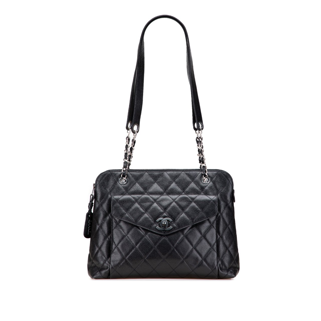 Chanel CC Quilted Caviar Front Pocket Shoulder Bag Zwart
