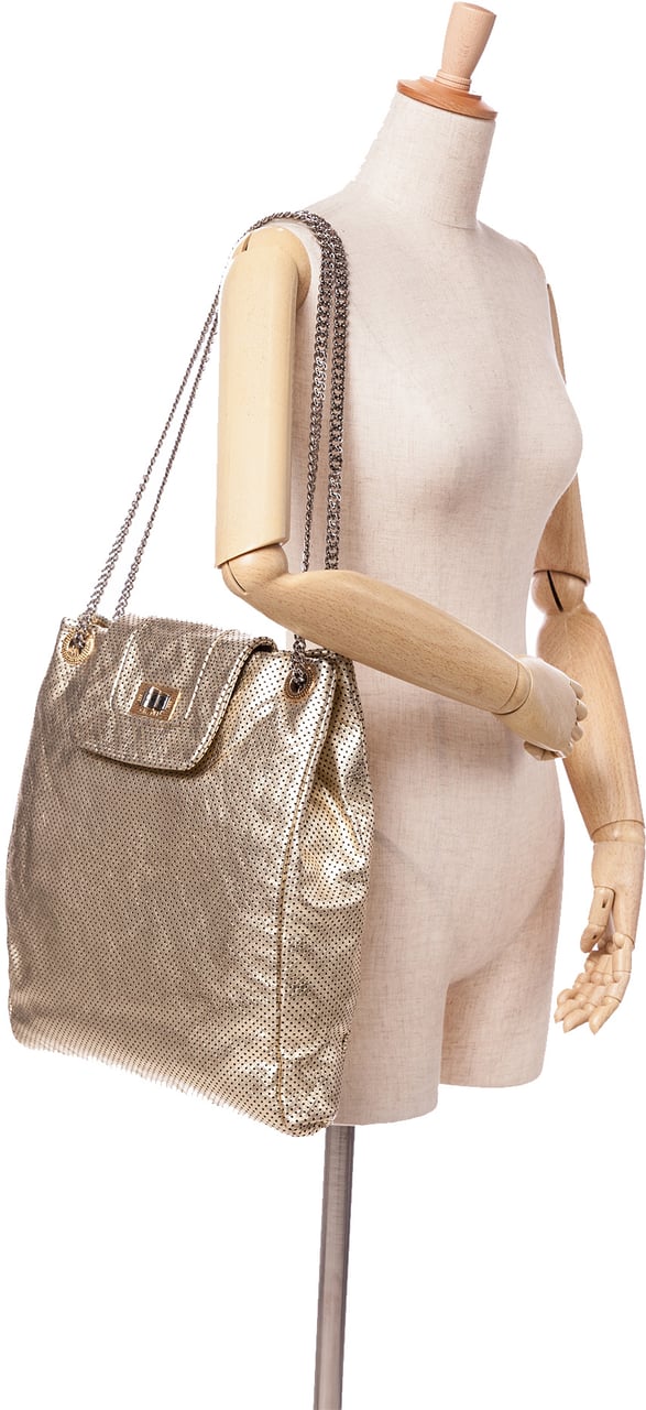 Chanel Perforated Crackled Metallic Calfskin Drill Tote Goud