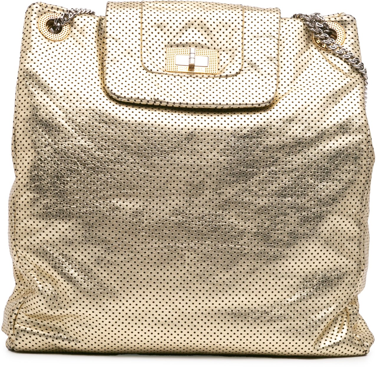 Chanel Perforated Crackled Metallic Calfskin Drill Tote Goud