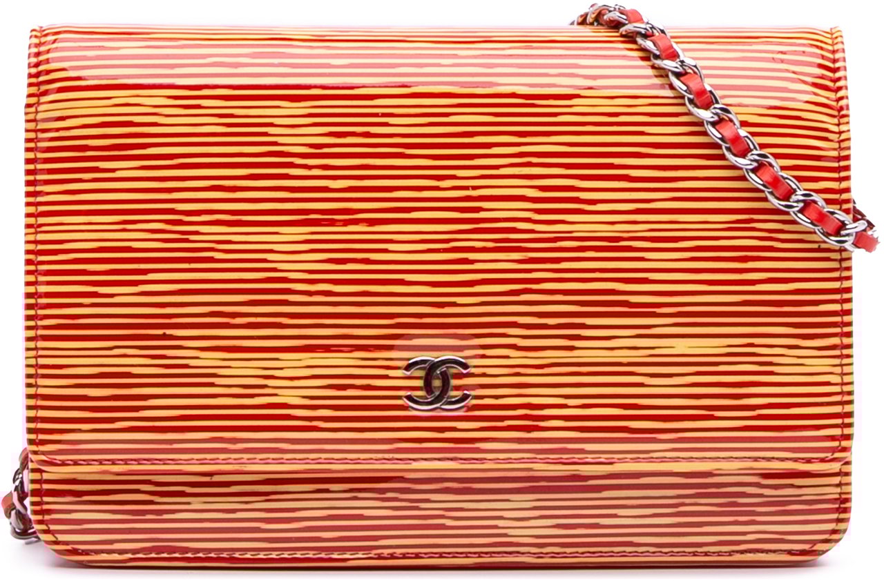 Chanel Patent Striped Wallet On Chain Oranje