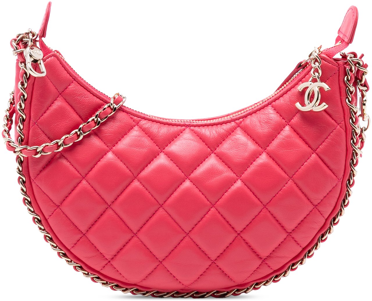Chanel Small Quilted Lambskin Chain Around Hook Hobo Bag Roze