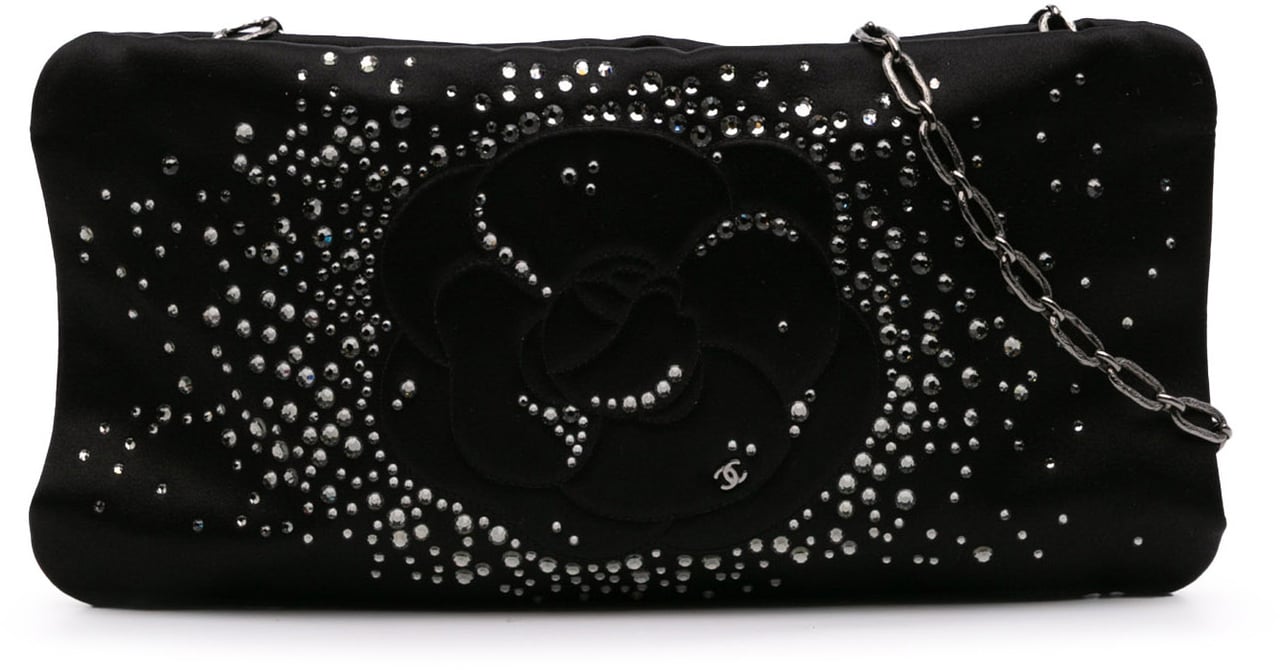 Chanel Satin Diamante Camellia Clutch with Chain Zwart