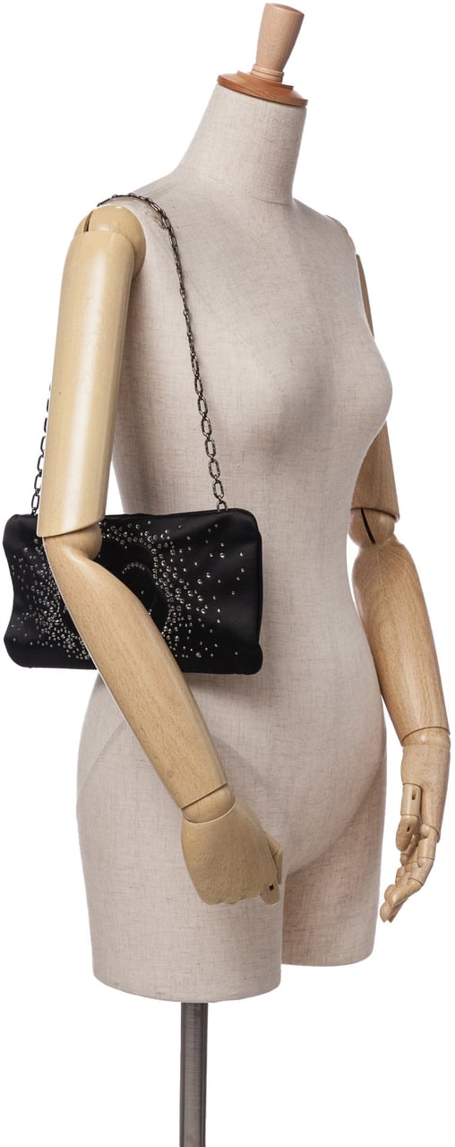 Chanel Satin Diamante Camellia Clutch with Chain Zwart