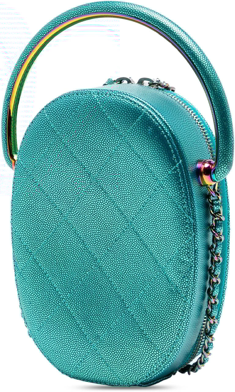 Chanel Quilted Metallic Caviar Rainbow Hardware Oval Camera Bag Blauw