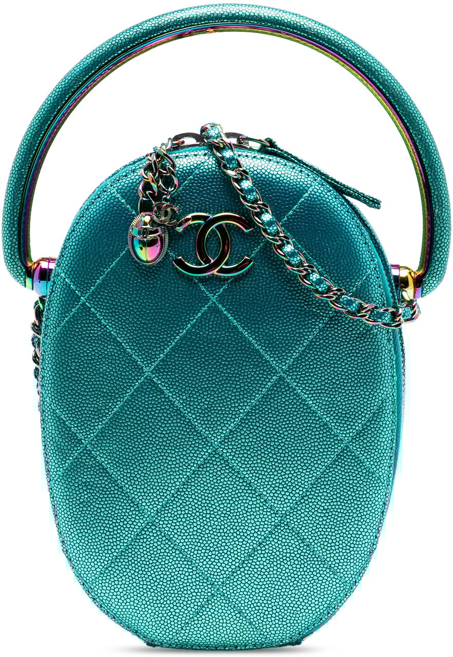 Chanel Quilted Metallic Caviar Rainbow Hardware Oval Camera Bag Blauw