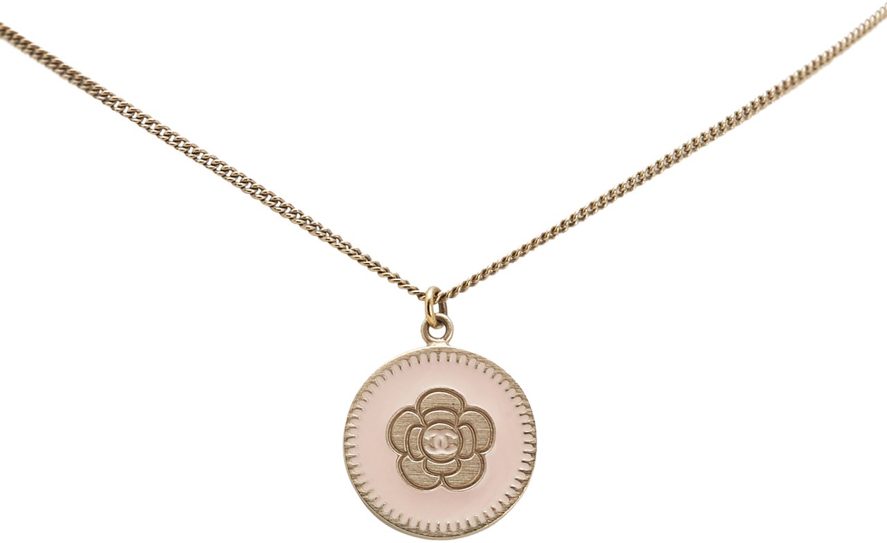 Chanel Gold Plated Enamel Camelia Pendant Necklace Goud