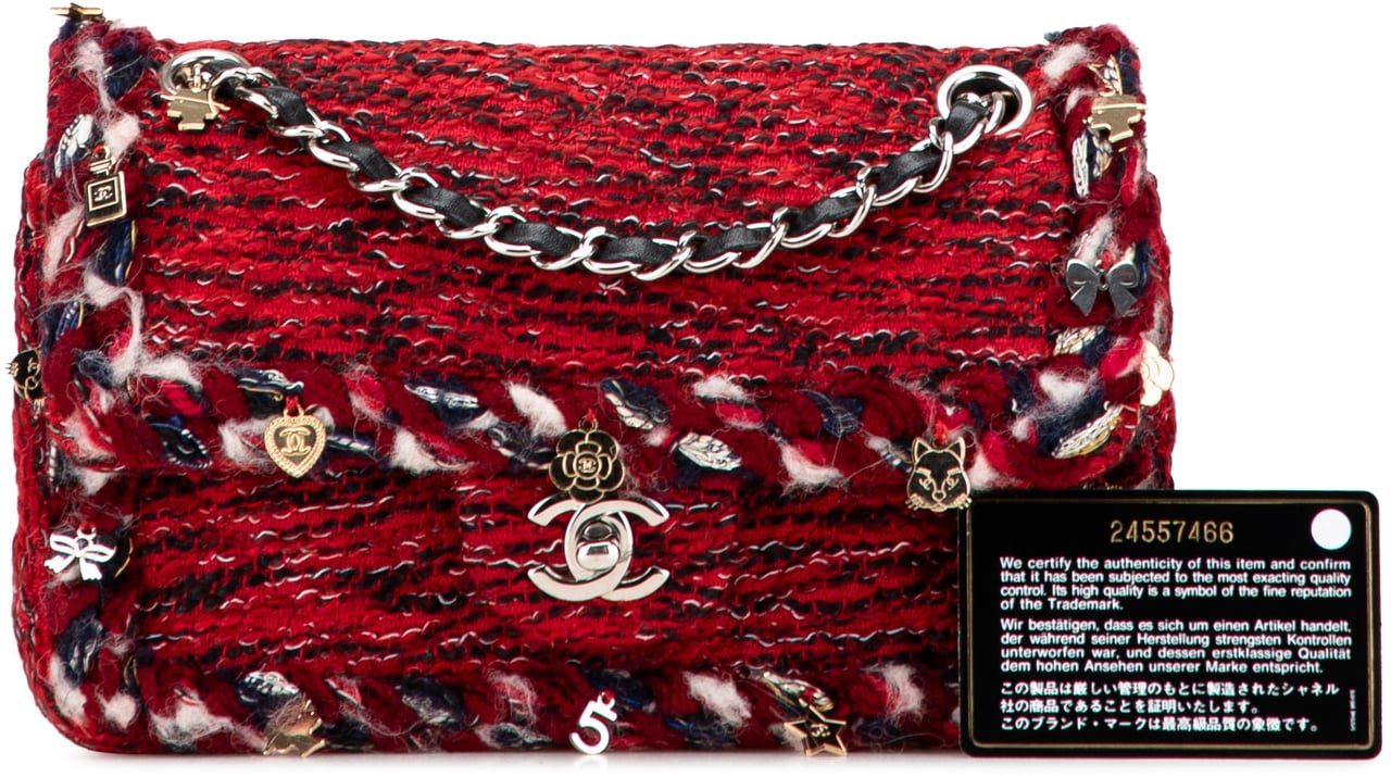 Chanel Small Classic Tweed Charm Double Flap Rood