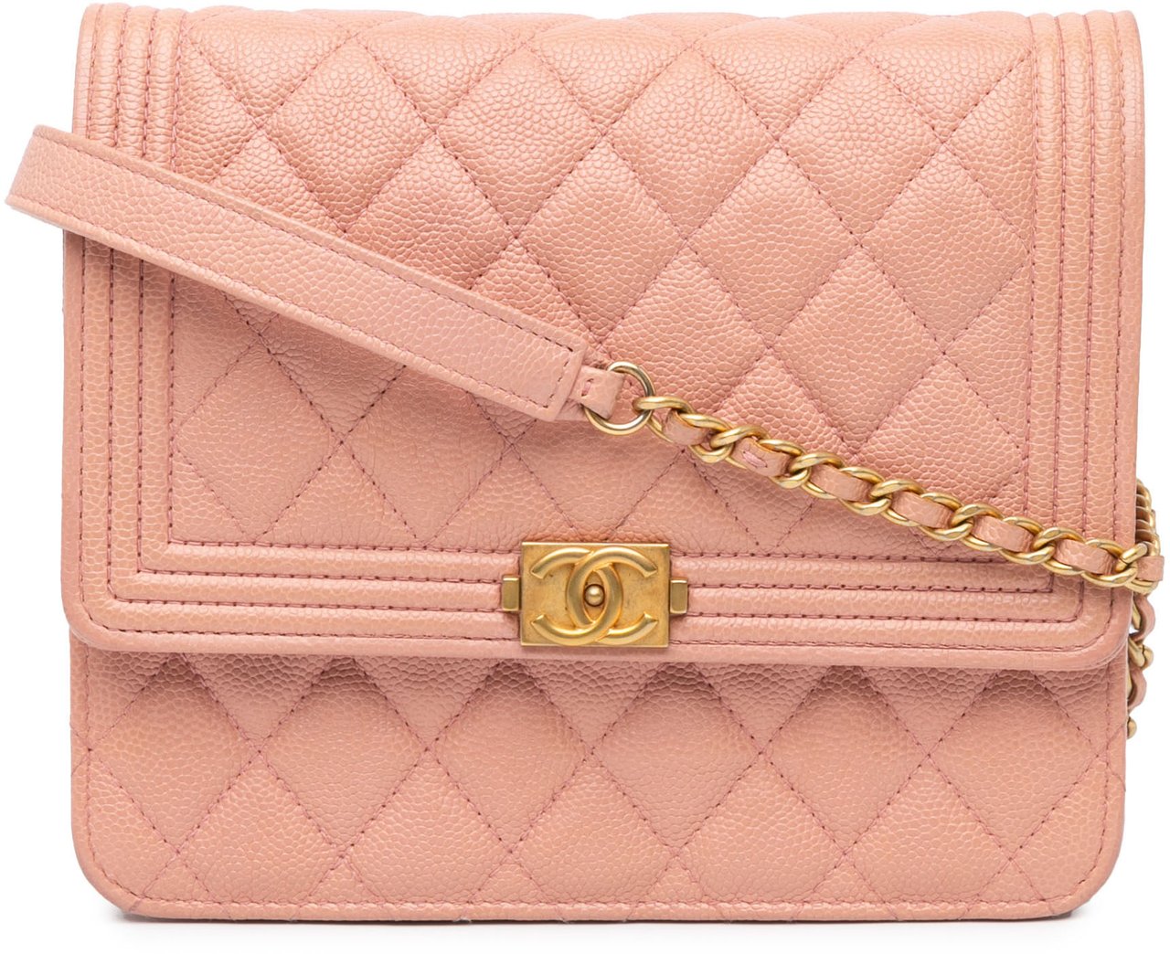Chanel Quilted Caviar Square Boy Wallet On Chain Roze
