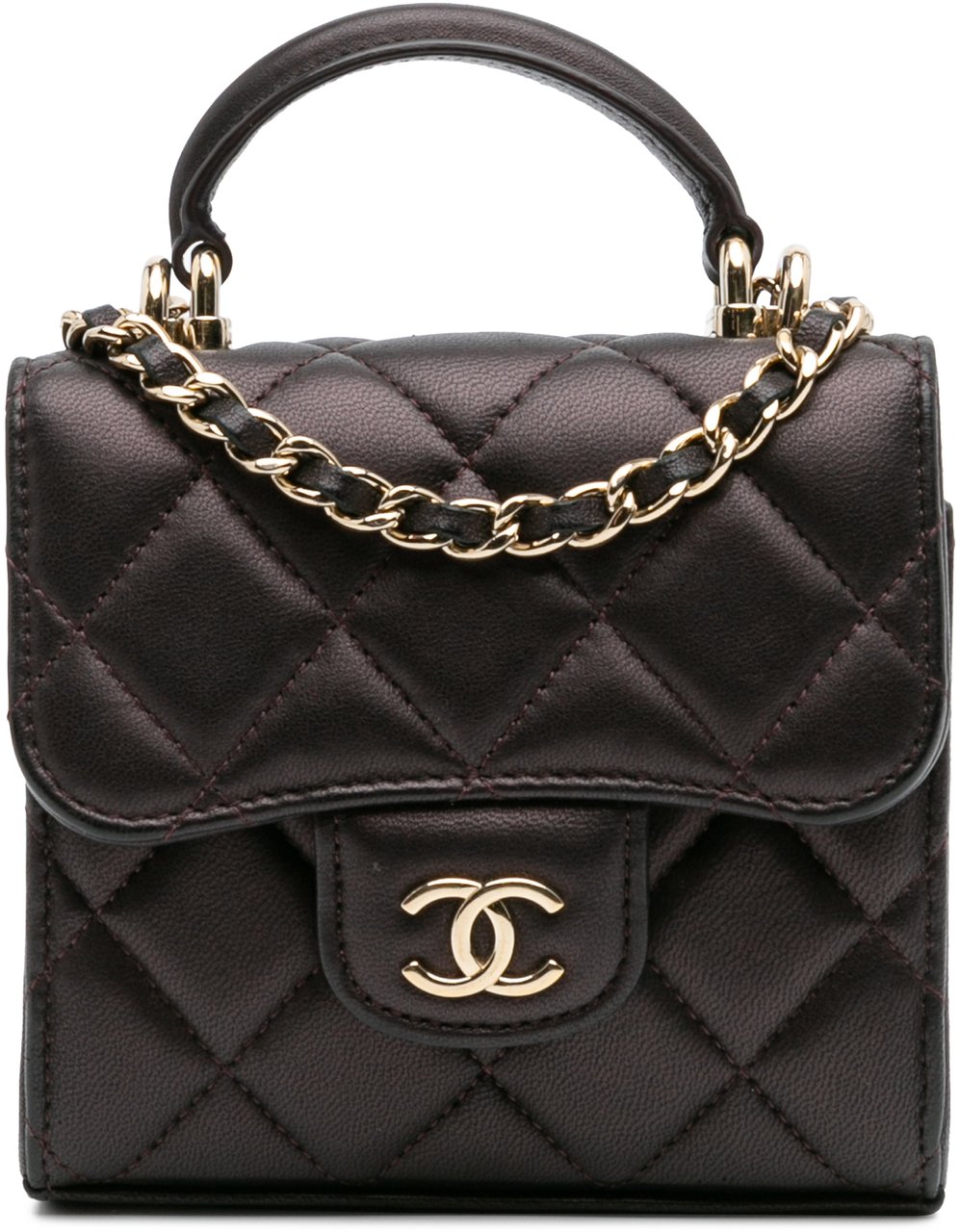 Chanel CC Quilted Iridescent Lambskin Top Handle Flap Clutch With Chain Rood