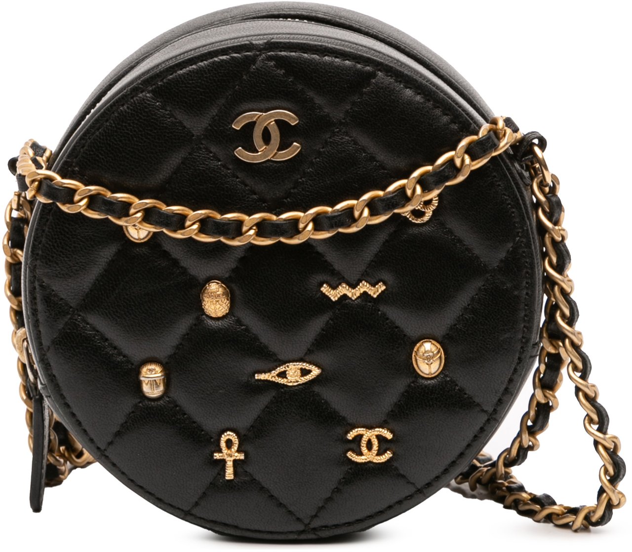 Chanel Quilted Lambskin Egyptian Amulet Charms Round Clutch with Chain Zwart