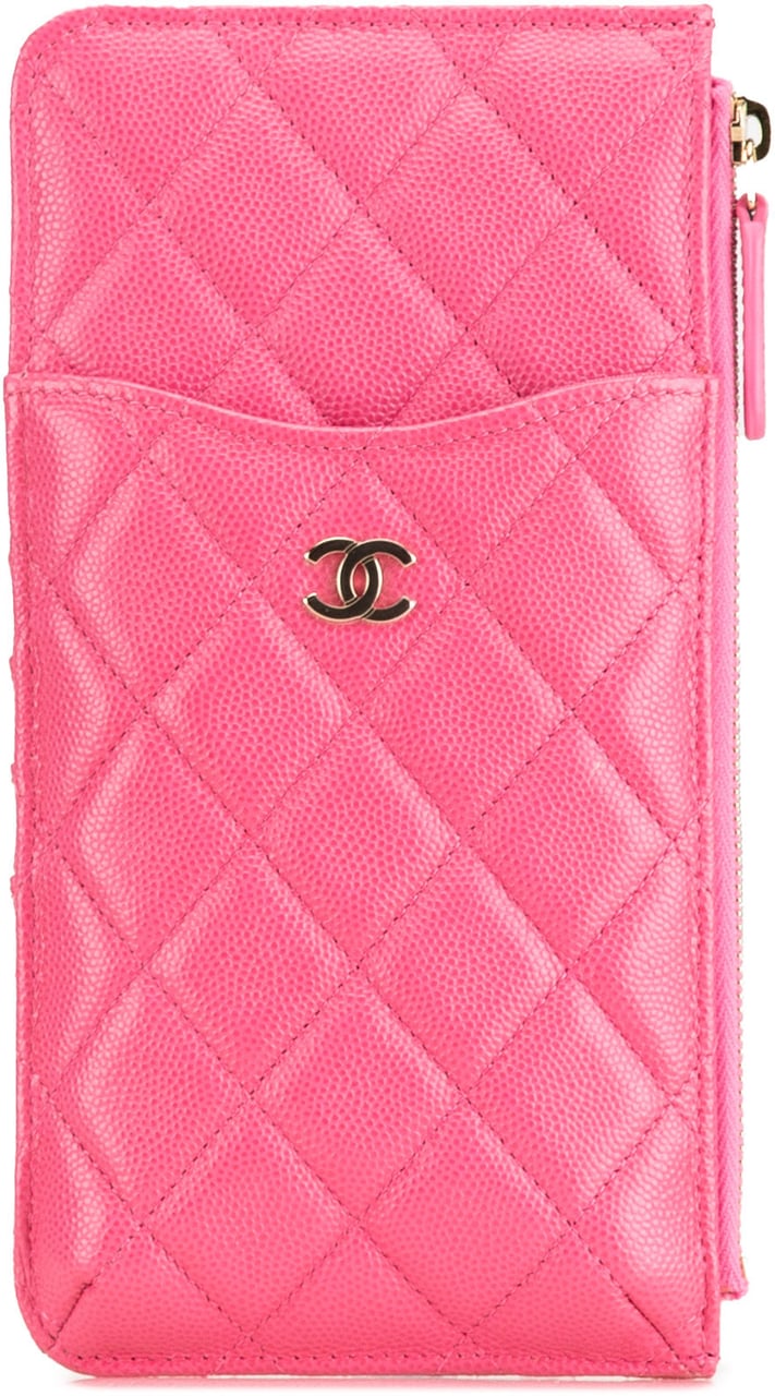 Chanel CC Quilted Caviar Flat Phone Case Wallet Pouch Roze