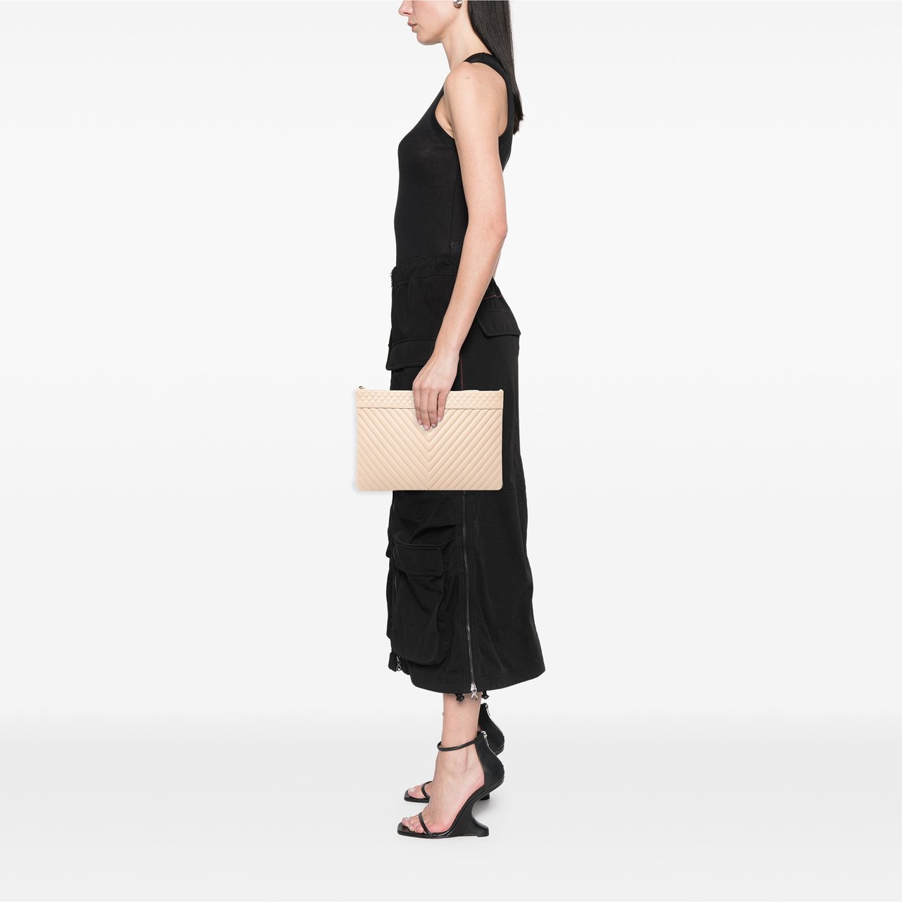 Chanel Large Quilted Caviar Chevron O Case Zip Pouch Bruin