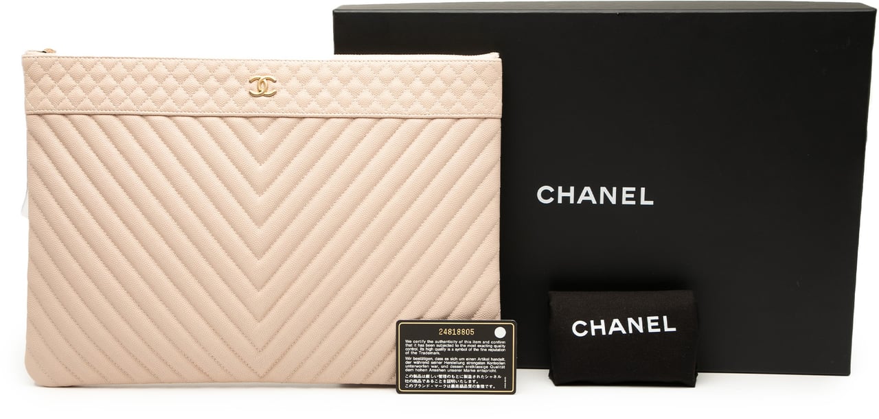 Chanel Large Quilted Caviar Chevron O Case Zip Pouch Bruin