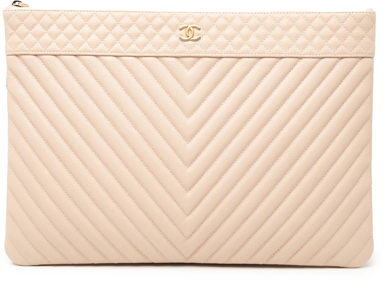 Chanel Large Quilted Caviar Chevron O Case Zip Pouch Bruin
