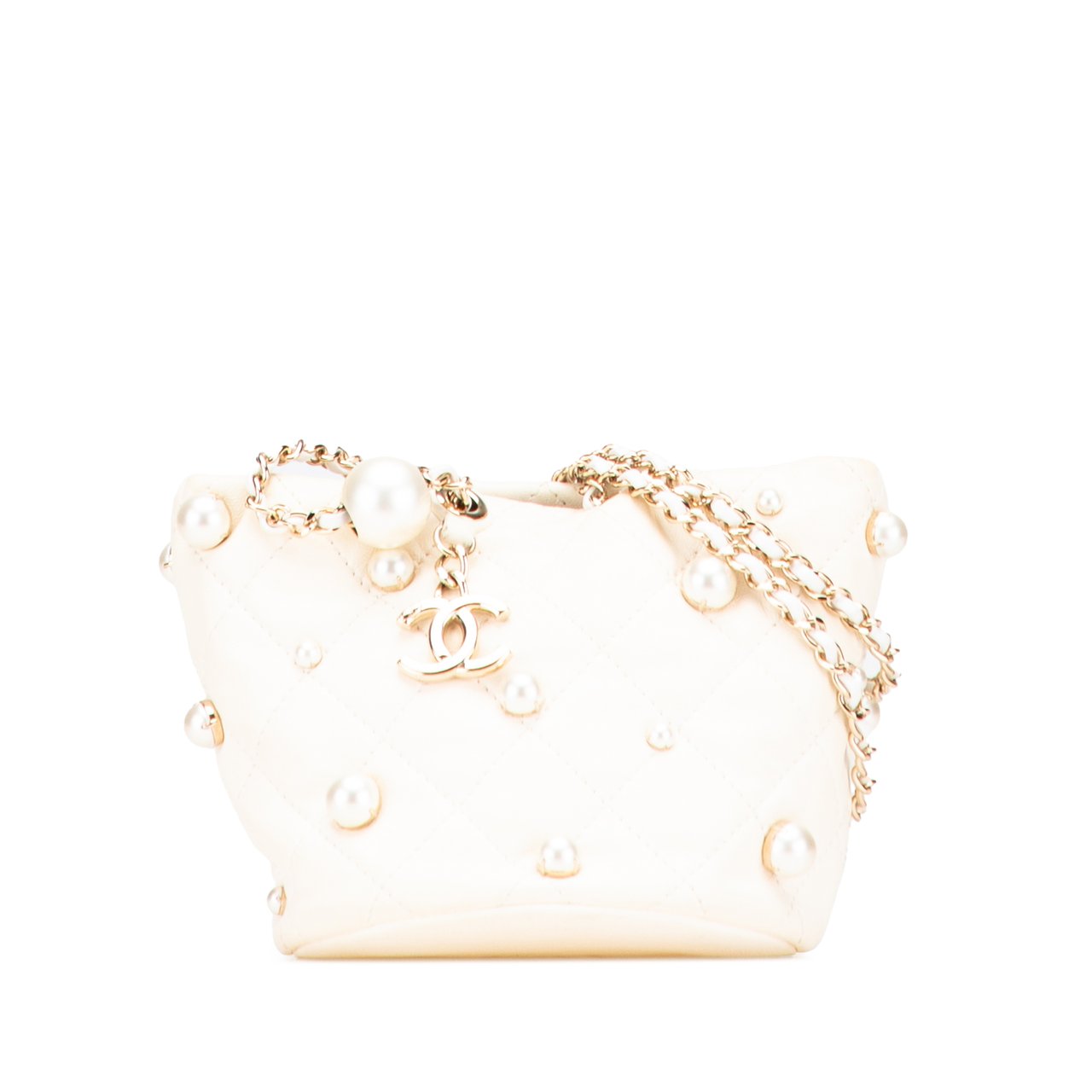 Chanel Mini Quilted Lambskin About Pearls Drawstring Bucket Bag Wit