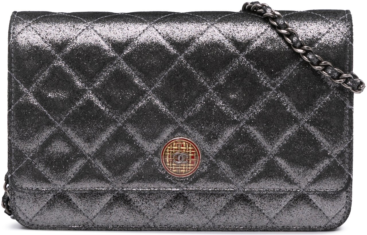 Chanel Quilted Iridescent Lambskin Tartan Button Wallet On Chain Zilver