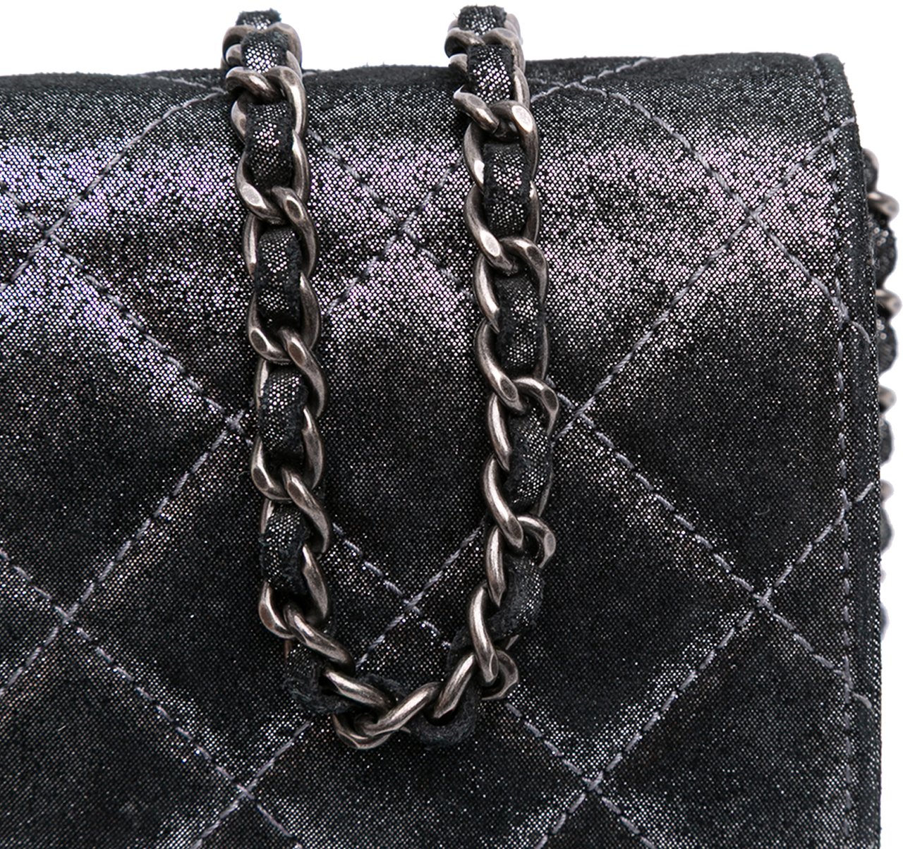 Chanel Quilted Iridescent Lambskin Tartan Button Wallet On Chain Zilver