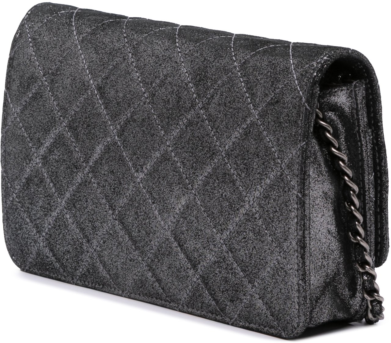 Chanel Quilted Iridescent Lambskin Tartan Button Wallet On Chain Zilver