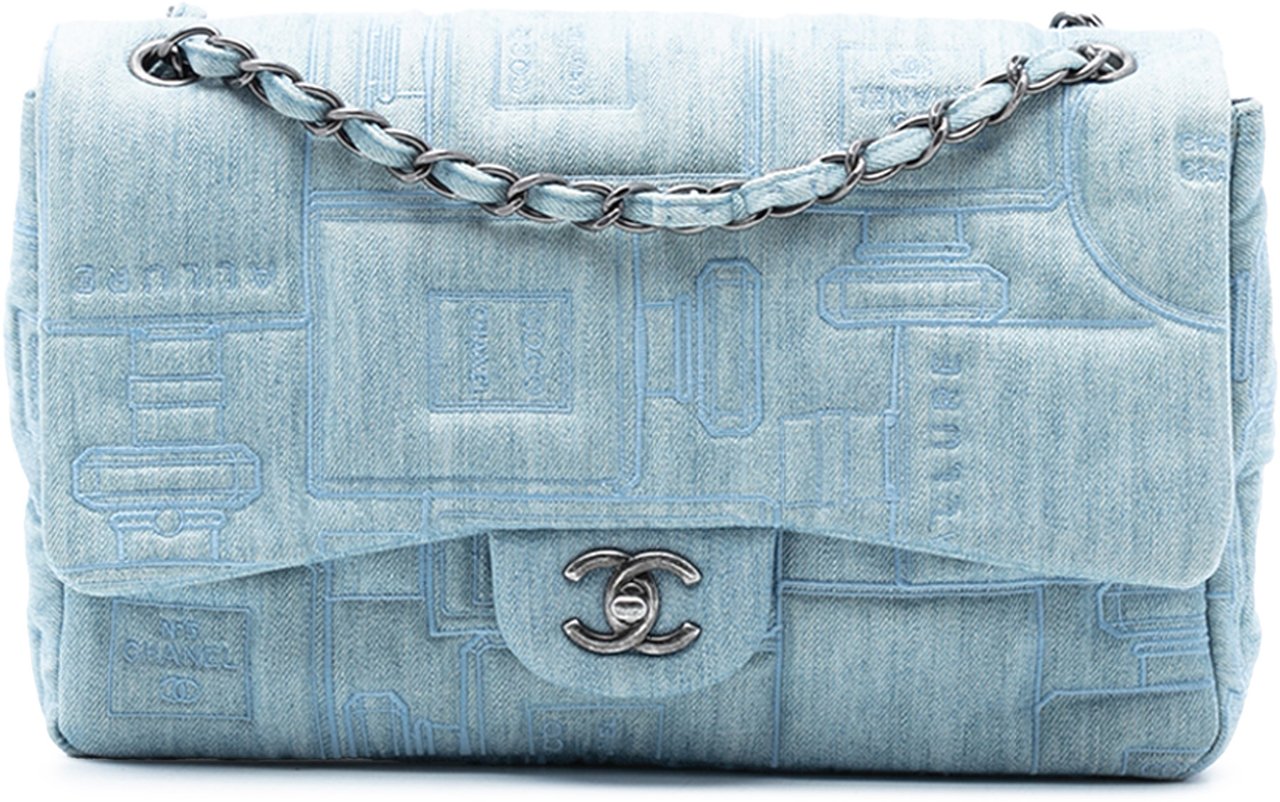 Chanel Medium Embroidered Denim Perfume Bottle Single Flap Blauw