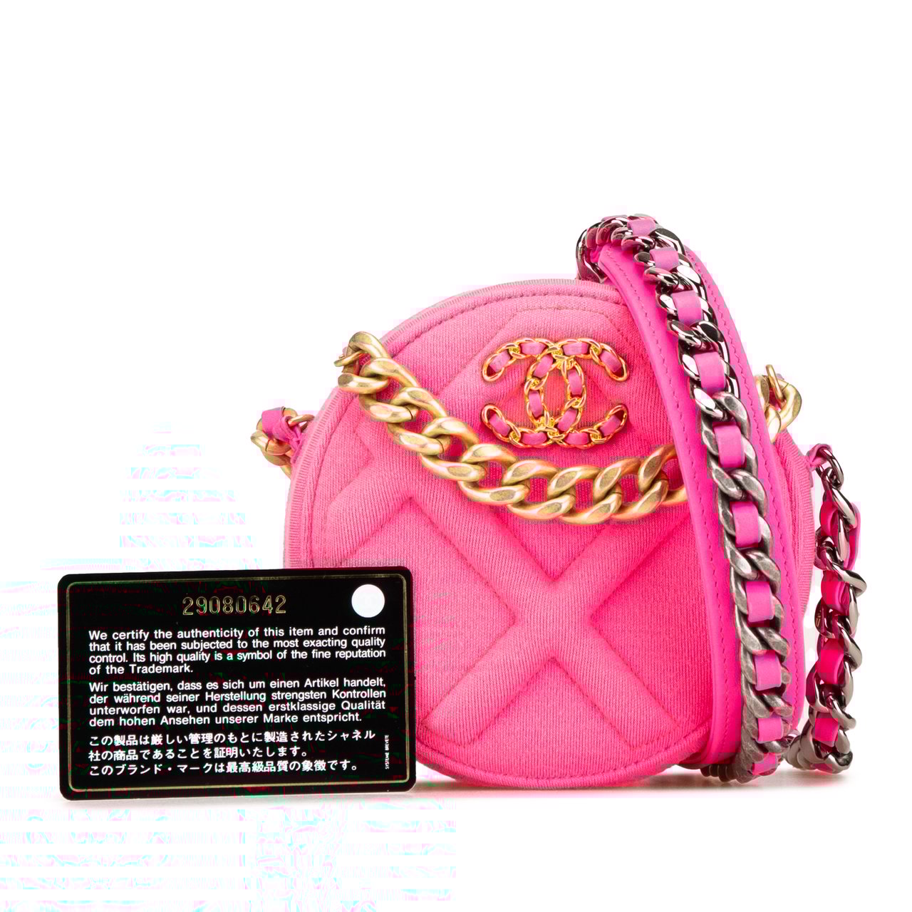 Chanel Jersey 19 Round Clutch on Chain Roze