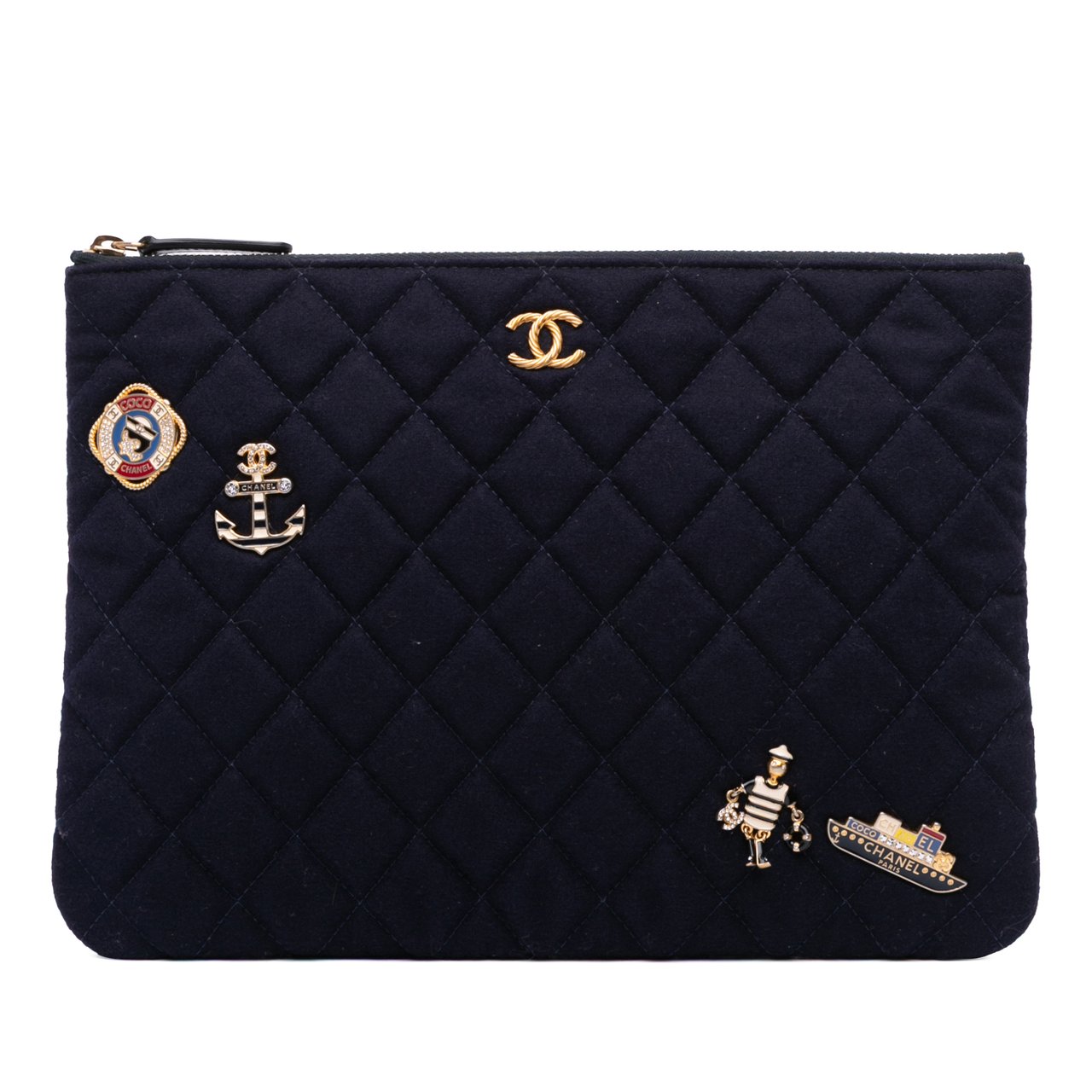 Chanel Paris Hamburg Medium Quilted Wool Coco Sailor Charms O Case Clutch Blauw