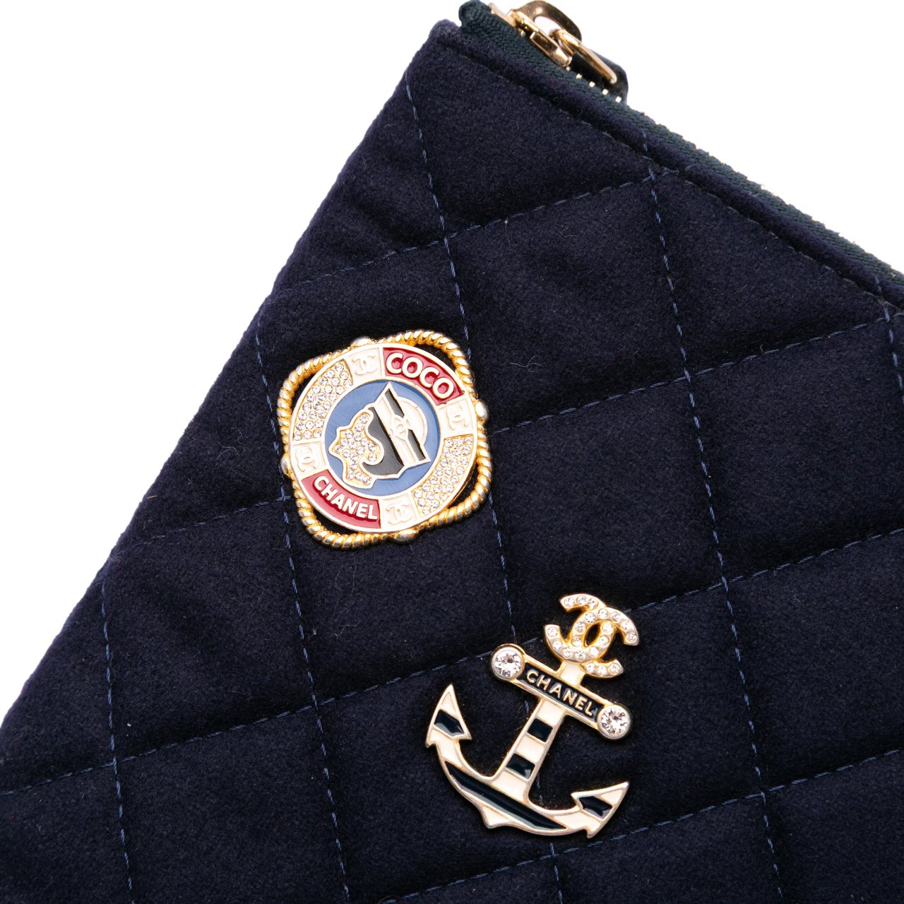 Chanel Paris Hamburg Medium Quilted Wool Coco Sailor Charms O Case Clutch Blauw